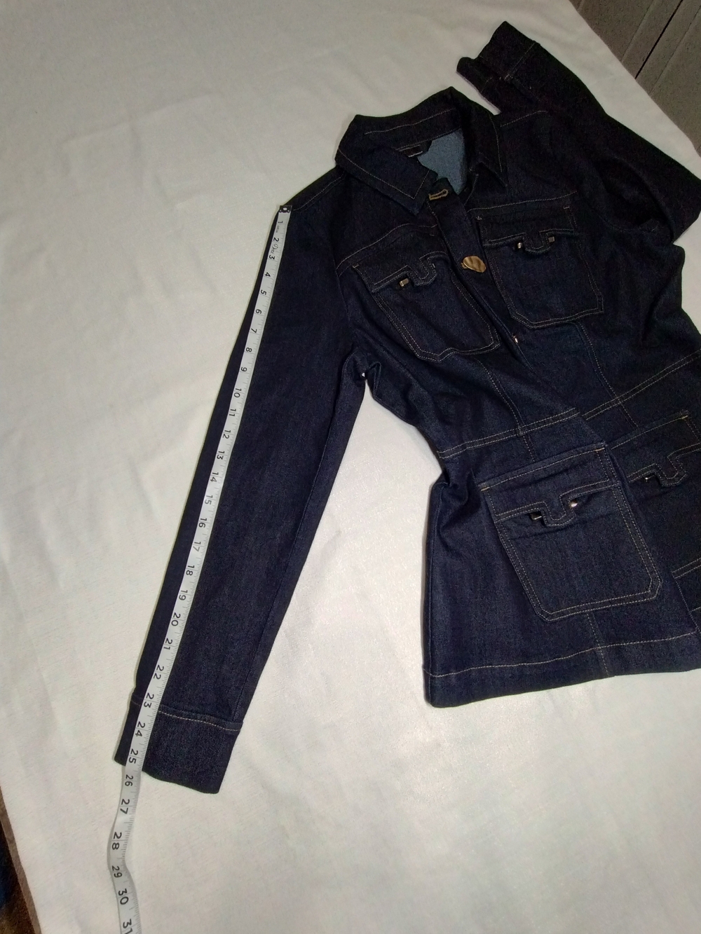 White House Black Market Navy Blue Denim Jacket with Gold Accents - Picture 7 of 12